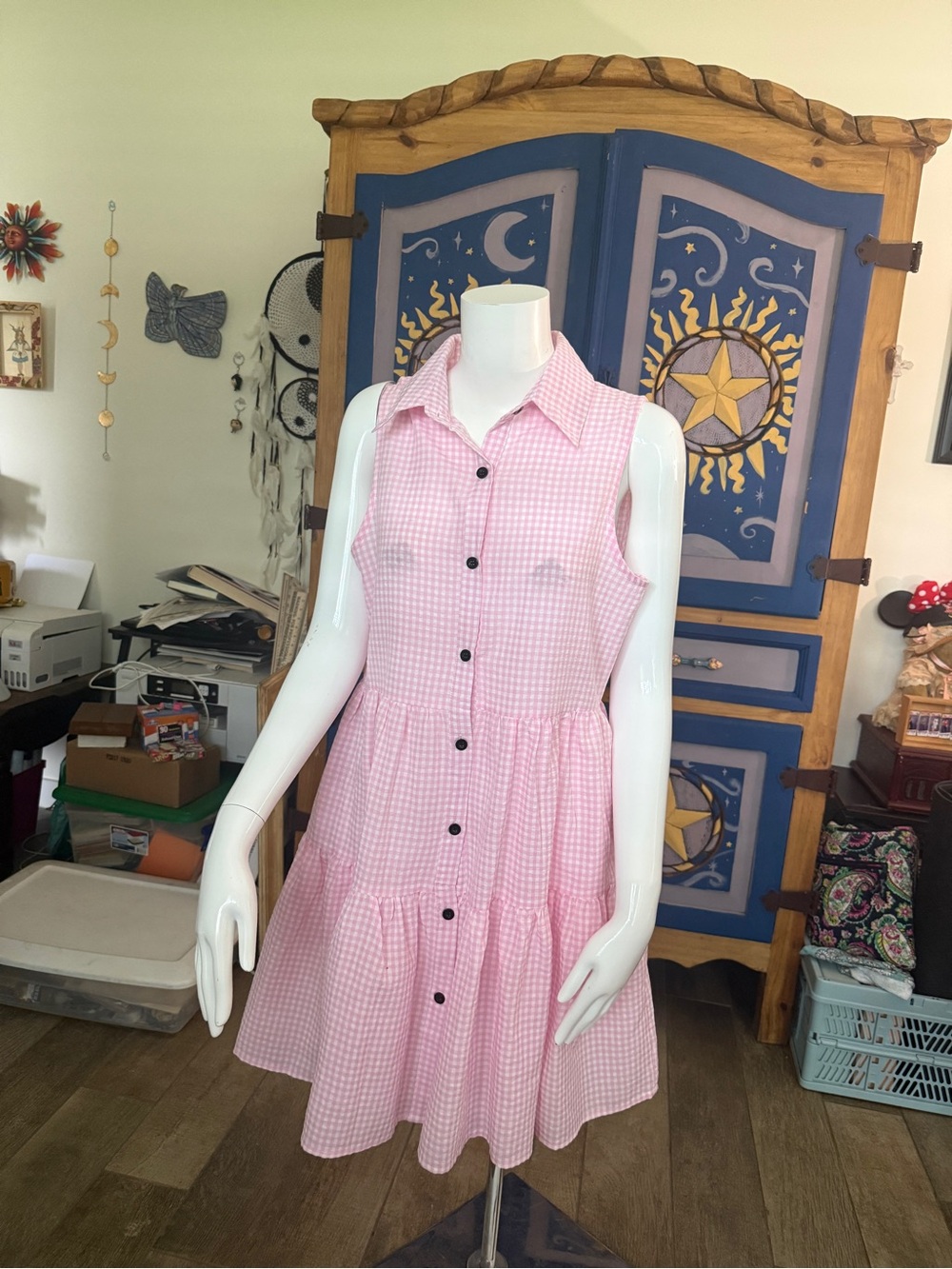 Sleeveless Pink Gingham Tiered Button-Front Mini Dress